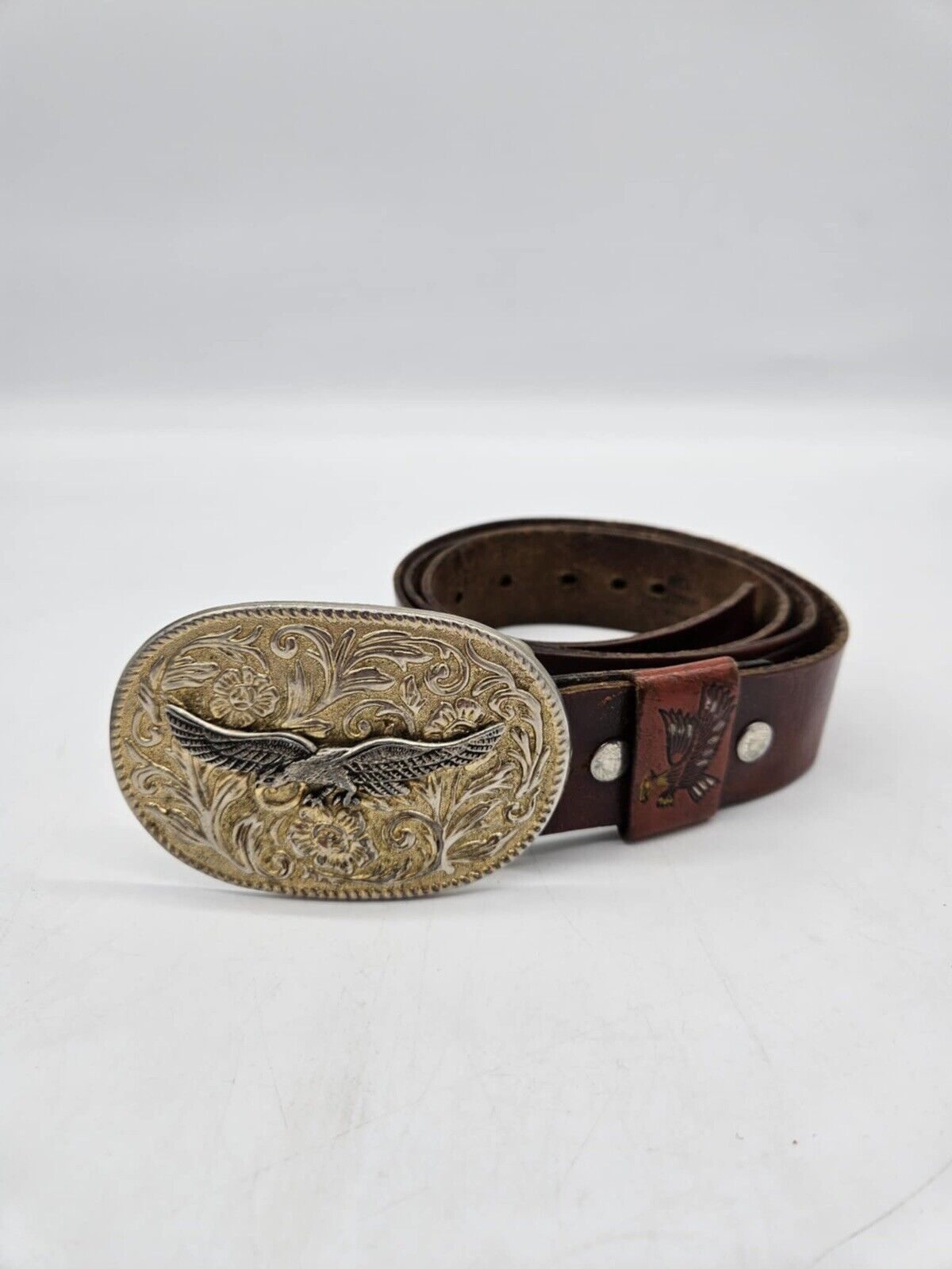 Vintage Eagle Leather Belt with Gold Metal Eagle Buckle, 1970s Era