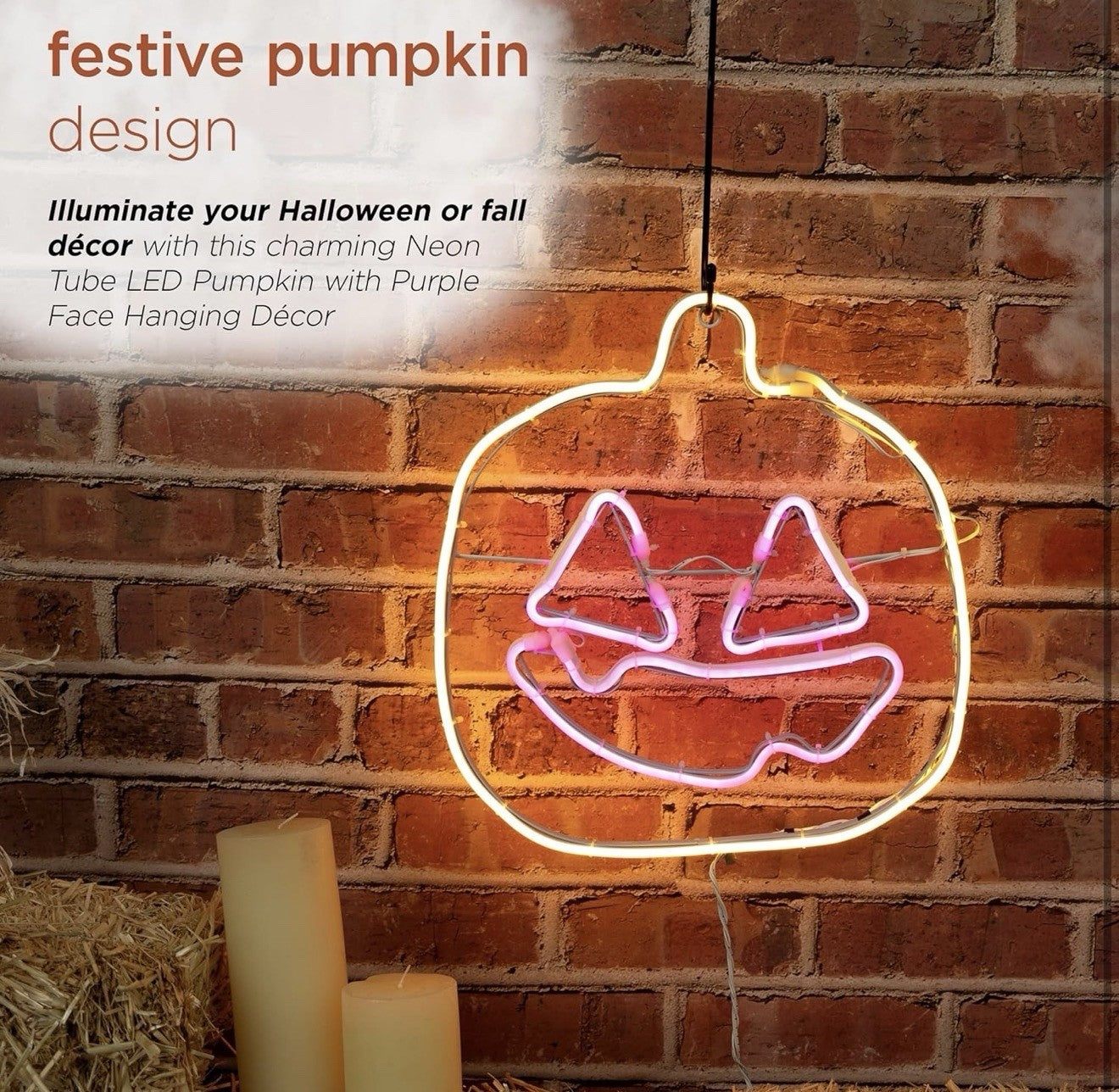 Neon Tube LED Pumpkin with Purple Face Hanging Decor