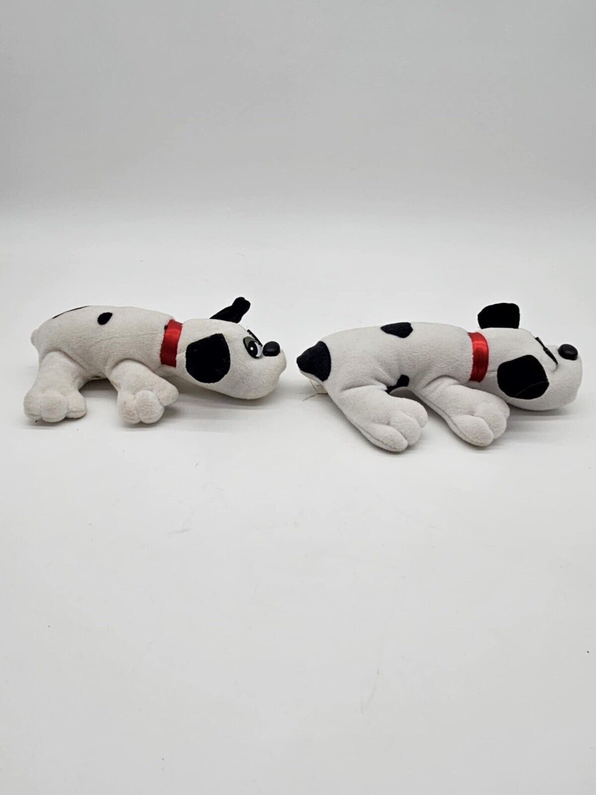 Set of 2 Vintage Tonka Pound Puppies Plush 7” WHITE/BLACK SPOTS Red Collar 1980s