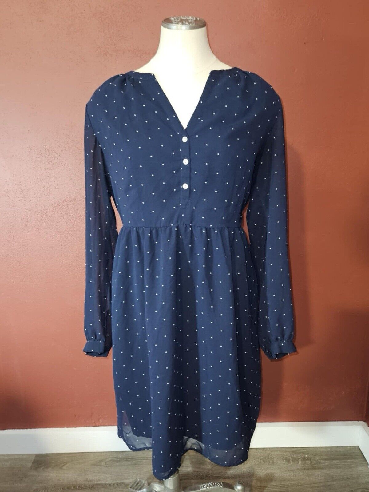 Long Sleeve Navy Blue Polka Dot Dress by A New Day Size M