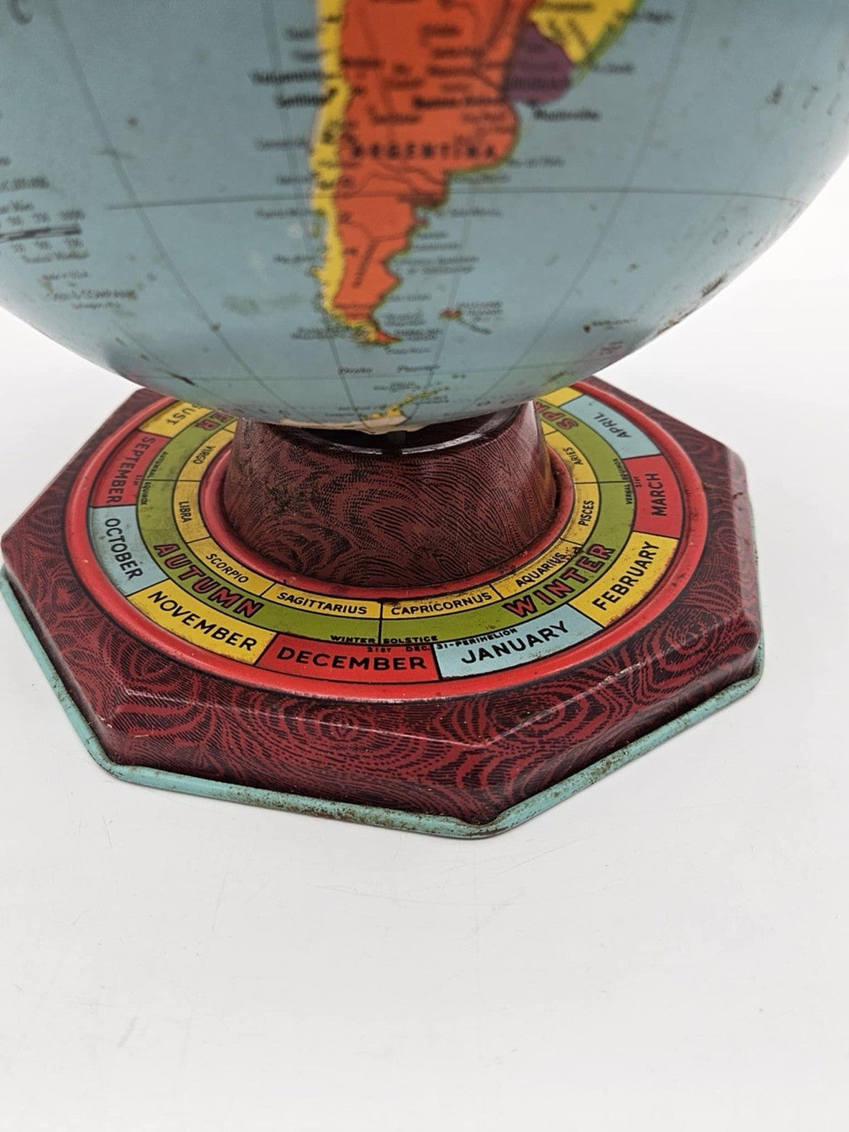 J Chein Antique Tin Litho Metal Globe Seasons Months Zodiac Base Lindbergh Route