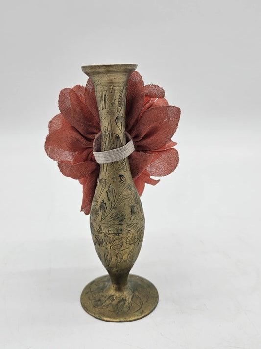 Vintage Indian Etched Brass Vase w/ Flower