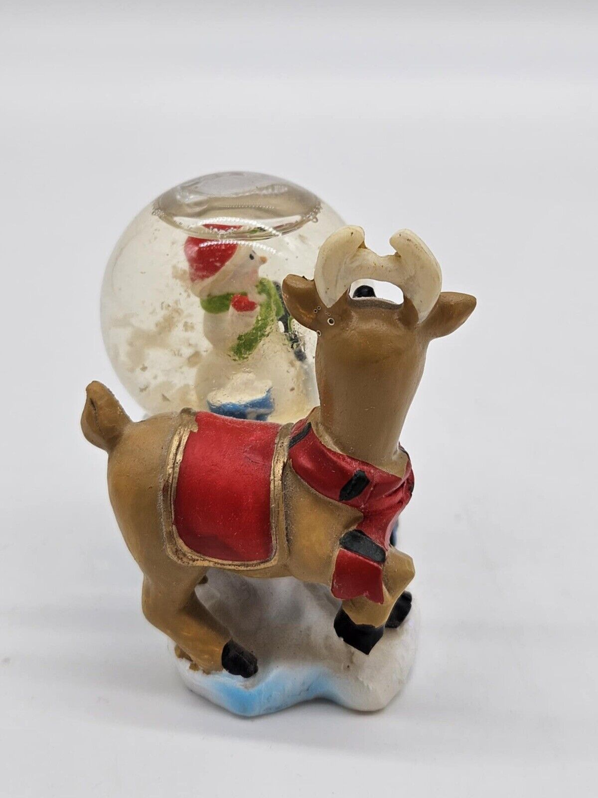 Vintage Miniature Snow Globe 3” ~ Reindeer With Snowman Collectible