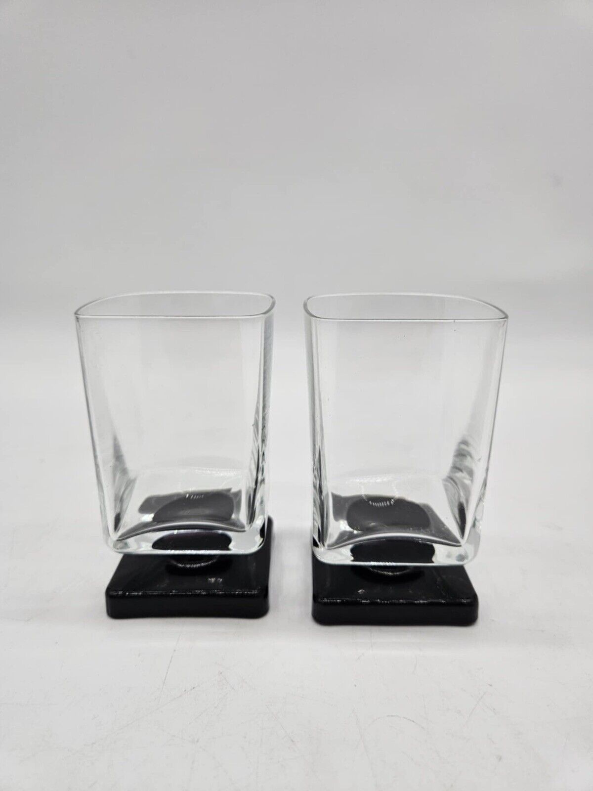 Set/2 DiSaronno Black Base Glass Square Footed Pedestal 4” Rocks Cordial Barware