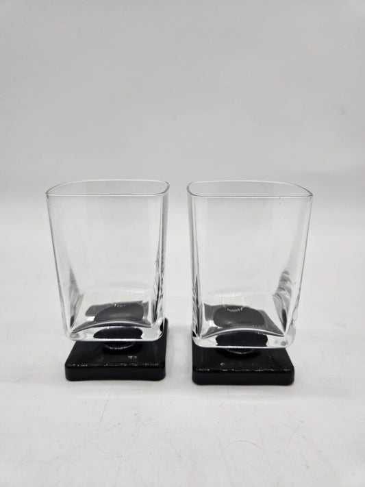 Set/2 DiSaronno Black Base Glass Square Footed Pedestal 4” Rocks Cordial Barware