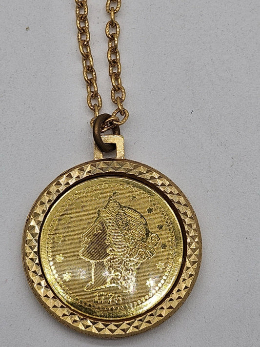 Vintage Necklace 1776 Gold Tone Coin Double Sided Pendant Hangs 13”