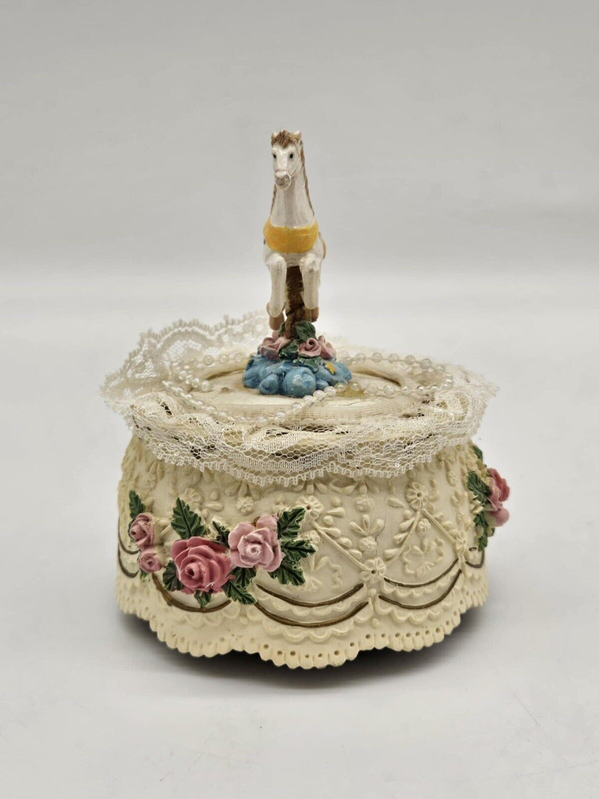 Vintage Musical Carousel Horse Pink Roses Yellow Ribbons