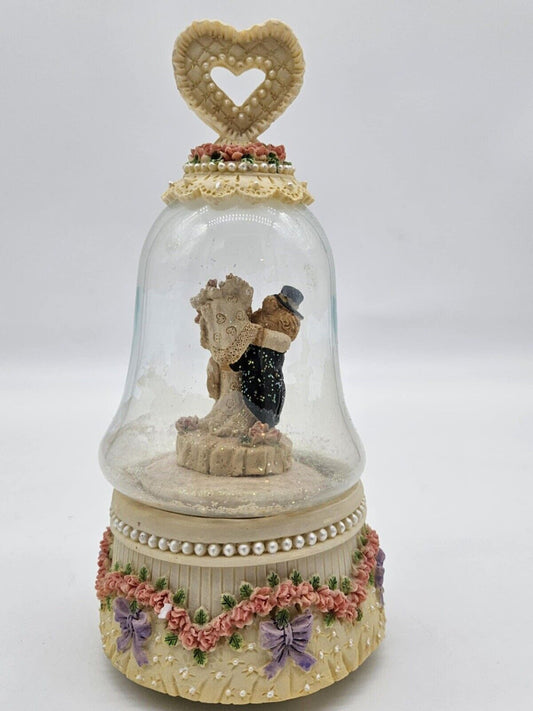 Vintage Bell Shaped Musical Wedding Bear Snow Globe