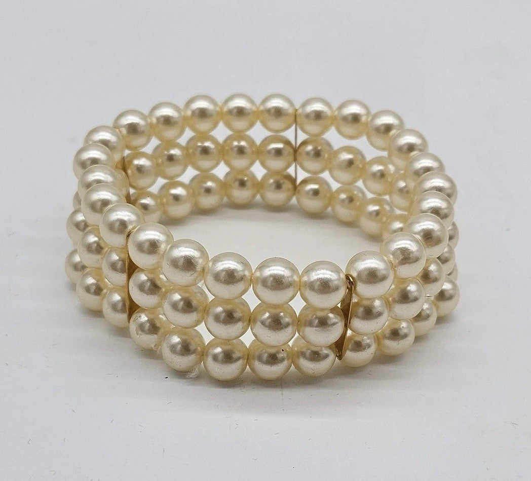 VTG Champagne Colored Faux Pearl Triple Strand Beaded Bracelet Bridal All Formal