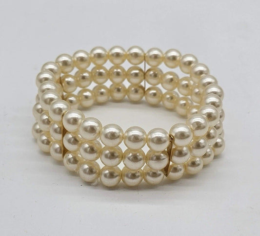 VTG Champagne Colored Faux Pearl Triple Strand Beaded Bracelet Bridal All Formal