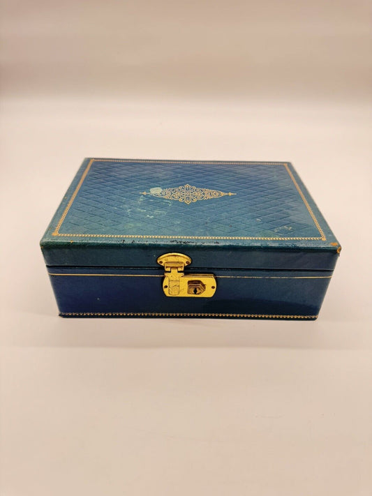 Blue Vintage Jewelry Box - Brass Latch - Leatherette Exterior - Velvet Interior