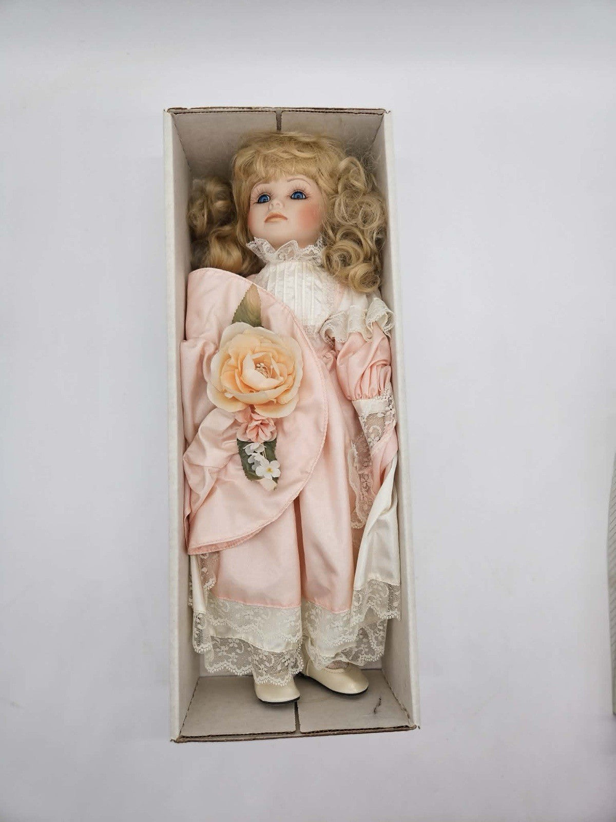 Vintage Porcelain Doll Blonde Curls Pink Dress Lace 16” Boxed