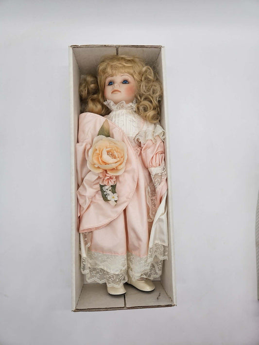 Vintage Porcelain Doll Blonde Curls Pink Dress Lace 16” Boxed