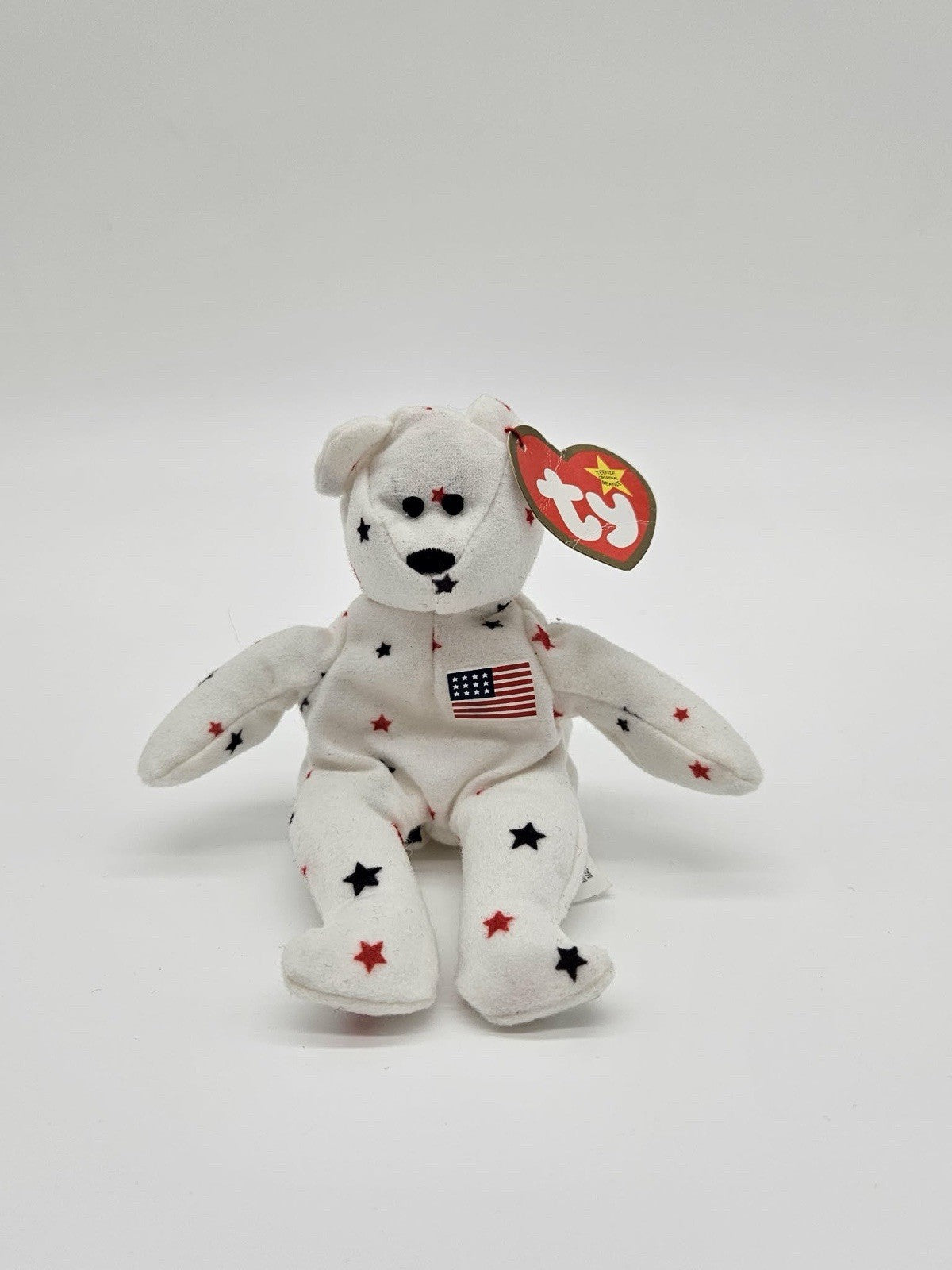 RARE  Glory the Mini Bear Beanie Baby Plush TY White With Red And Blue Stars