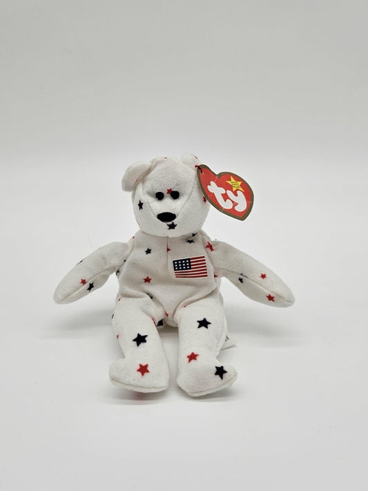 RARE  Glory the Mini Bear Beanie Baby Plush TY White With Red And Blue Stars