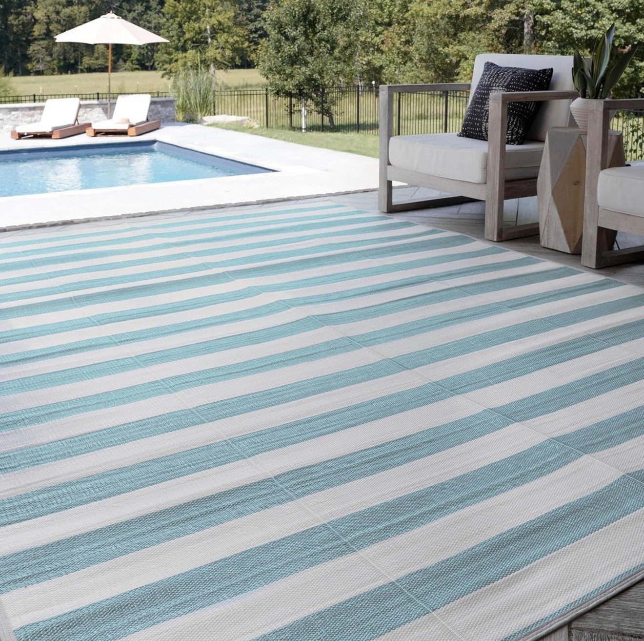 Tayse Rugs Luna Outdoor Area Rug LNA1135 9' x 12' Reversible Striped Aqua