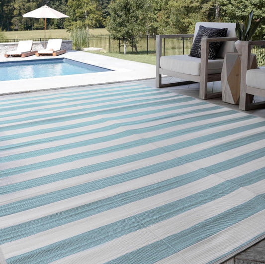 Tayse Rugs Luna Outdoor Area Rug LNA1135 9' x 12' Reversible Striped Aqua