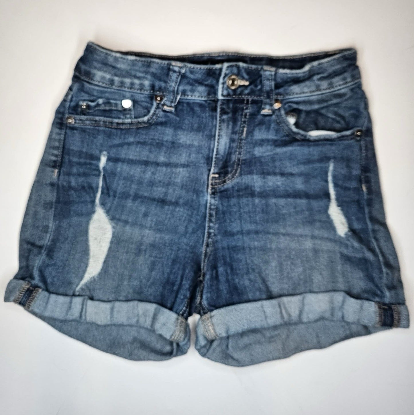 Indigo Rein Junior Denim Shorts Size 3 Waist 25 Blue Cuffed Distressed