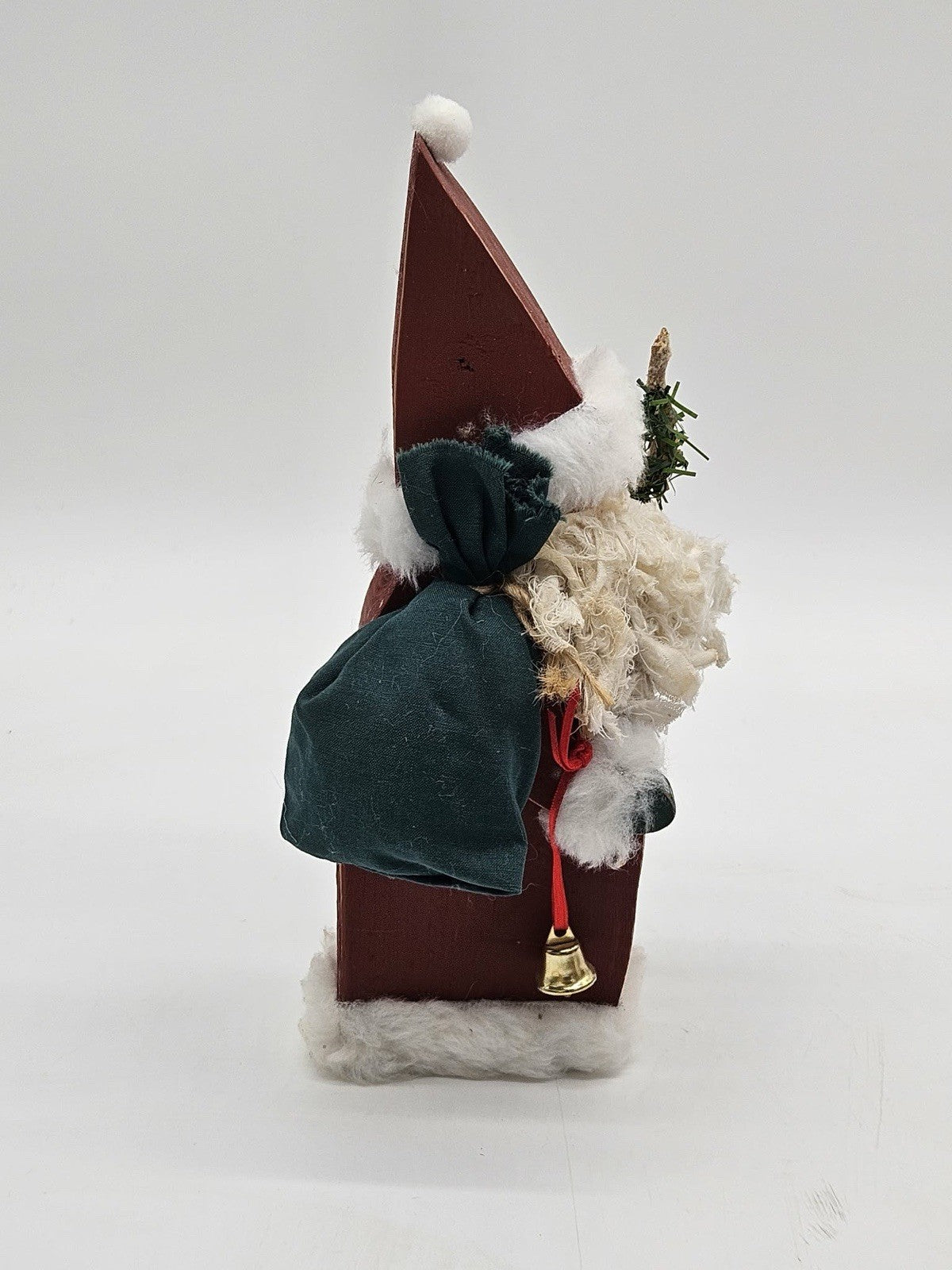Handmade Folk Art Wooden Santa Figure w Sack Bell & Greenery 9”