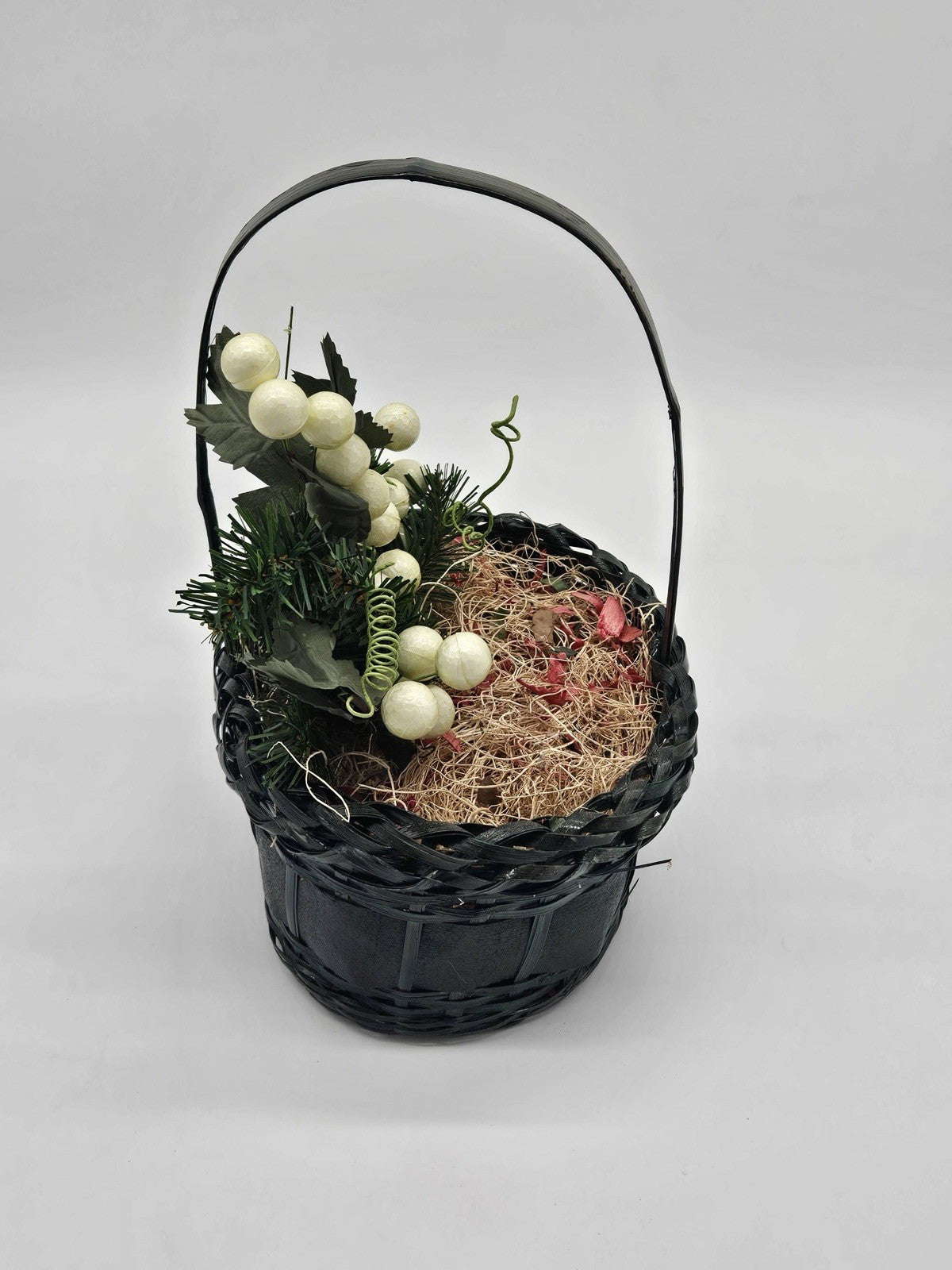 Black Woven Basket with Handle Decorative Faux Greenery Centerpiece