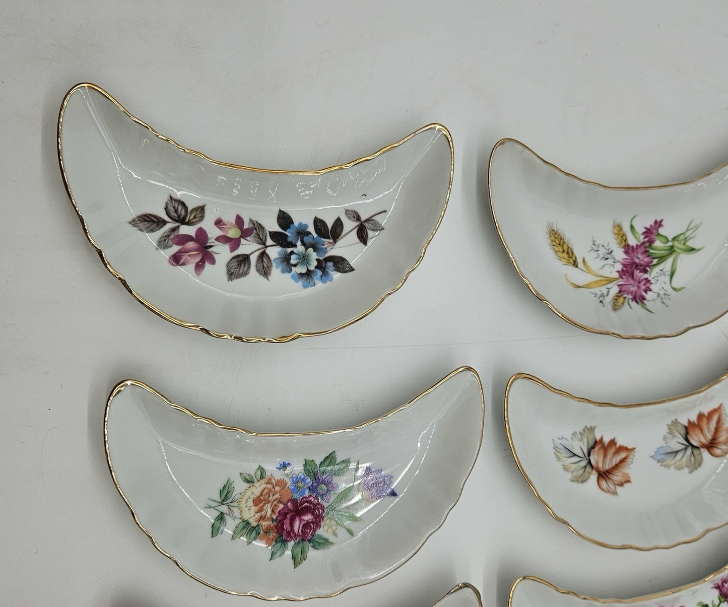 Vintage CMI Inc Chadwick Japan Bone Dish 6 Crescent Floral Design Plates 40s