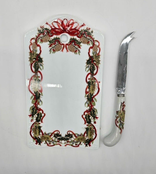 vintage porcelain ceramic cheese board gift tag shape holiday/christmas /box nib