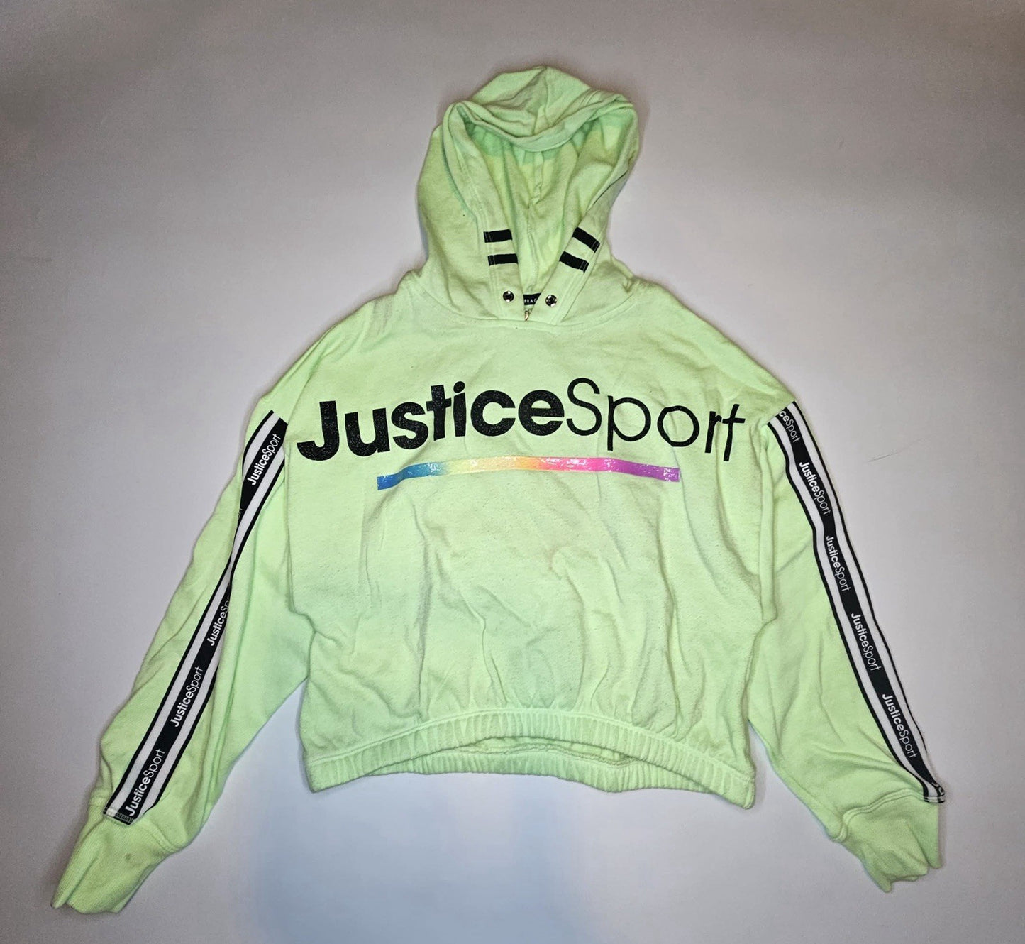 Justice Sport Neon Green Cropped Hoodie Sweatshirt Rainbow Logo Pullover
