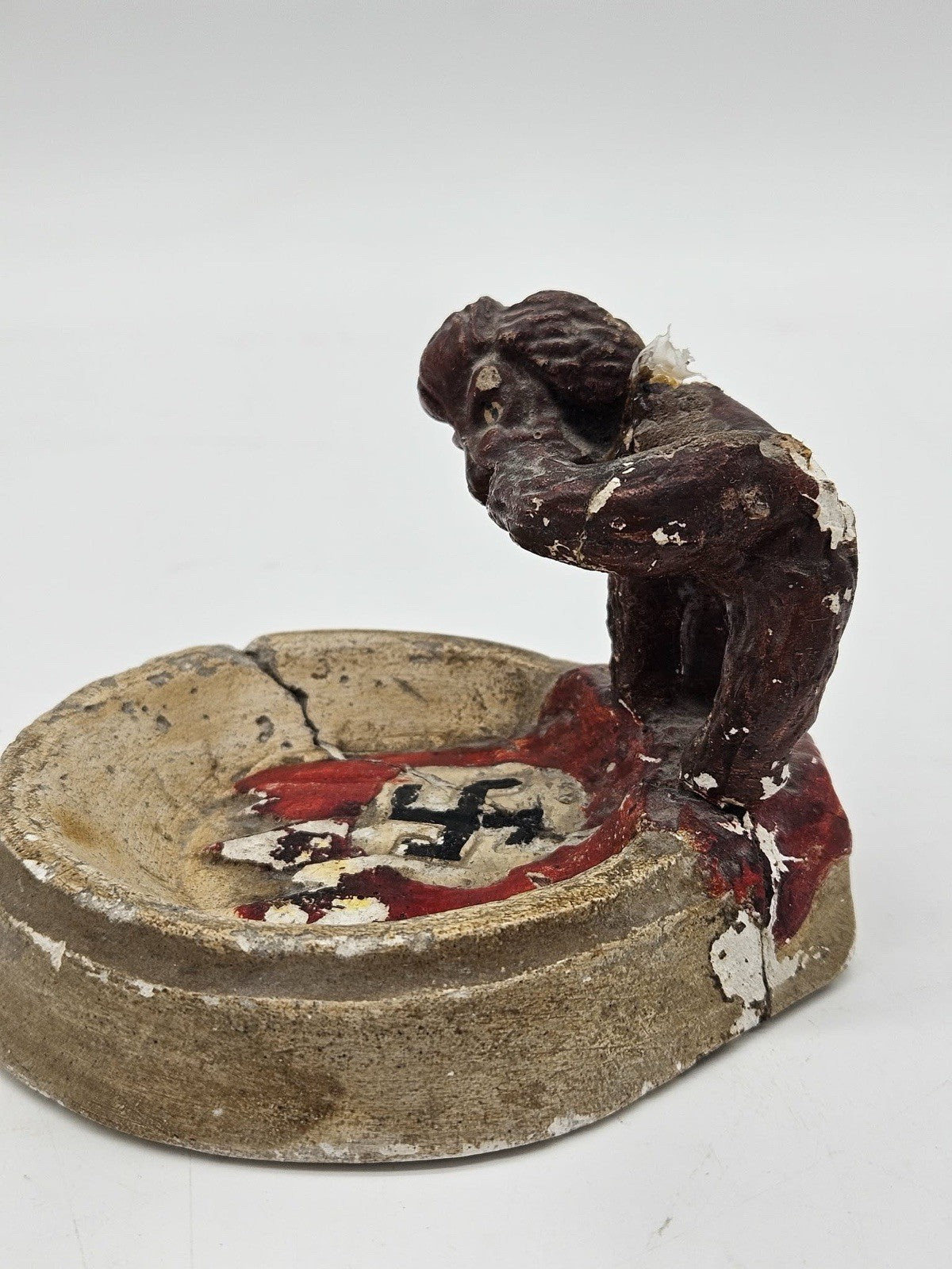 Vintage Folk Art Anti-Nazi Figural Ashtray WWII Era Satirical Piece