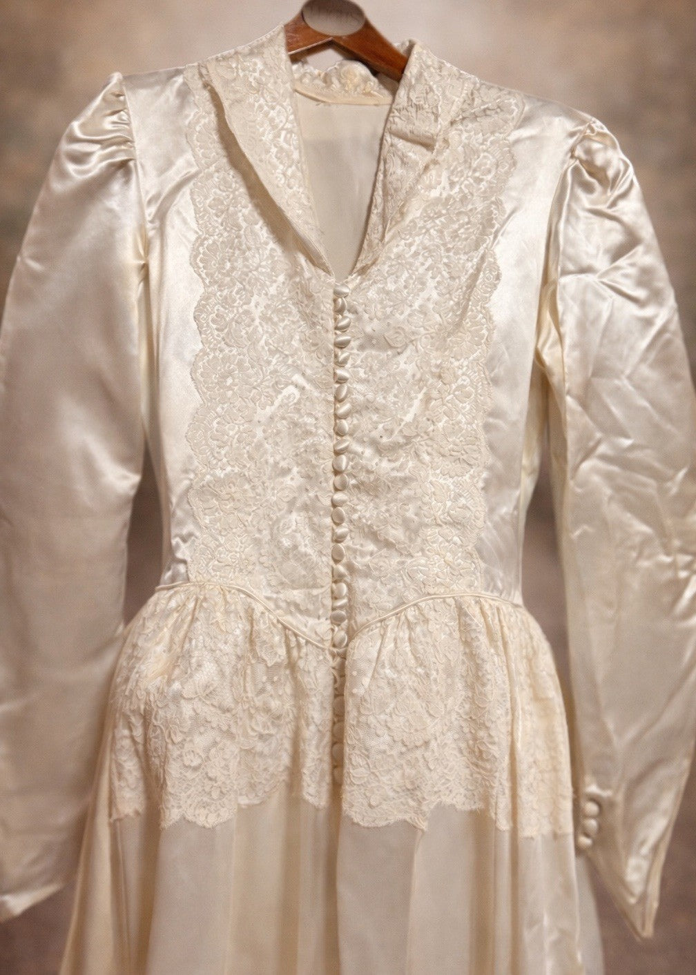 1930s Ivory Satin Wedding Dress Lace Bodice Long Sleeves Vintage Bridal Gown