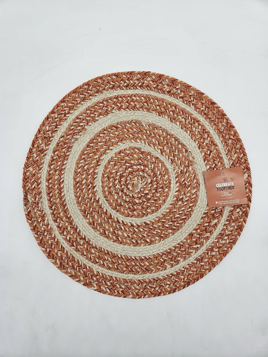 Small Round Braided Jute  Mat Orange Tan Boho