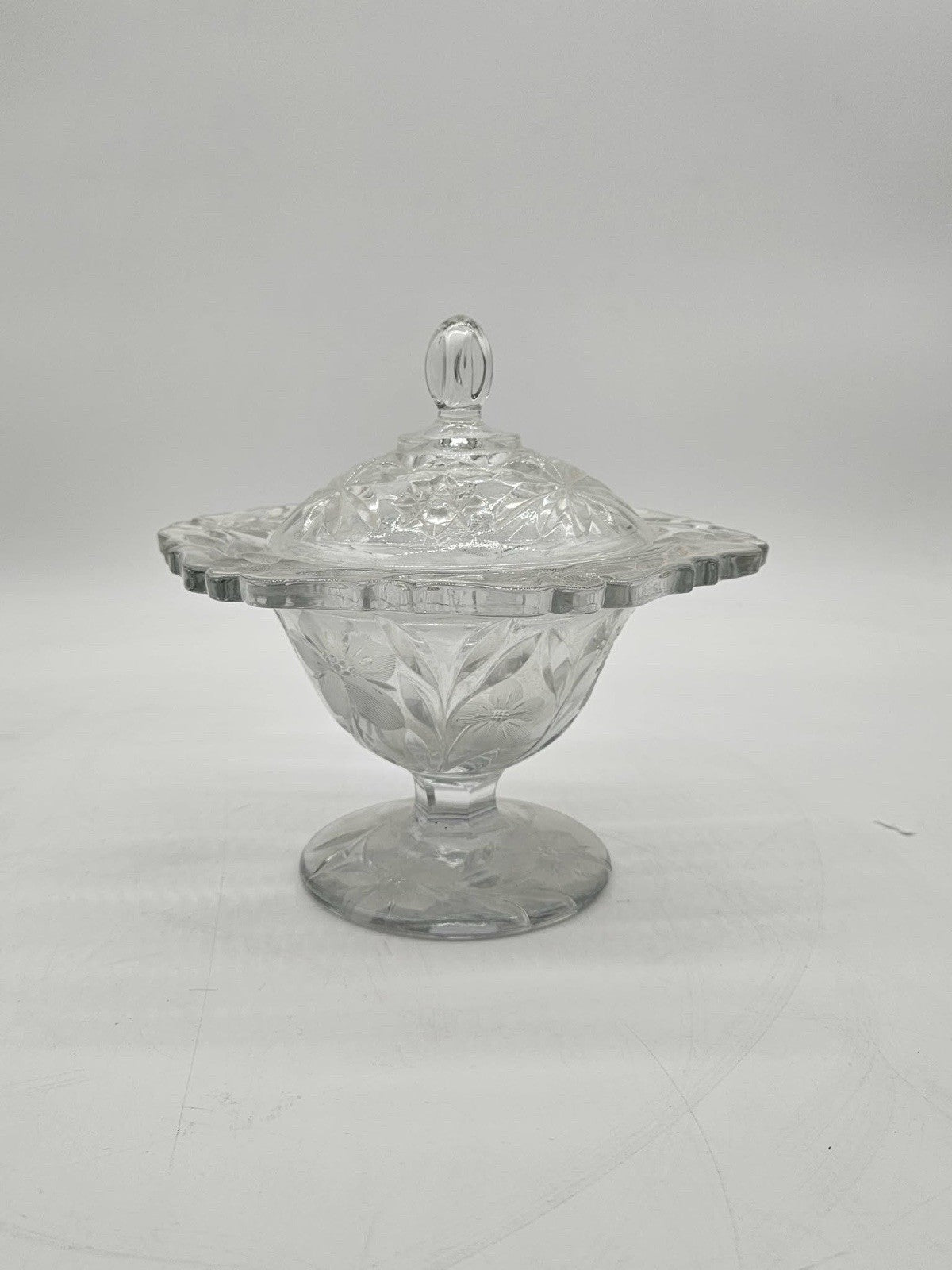 Vintage Clear Pressed Glass Pedestal Candy Dish with Lid