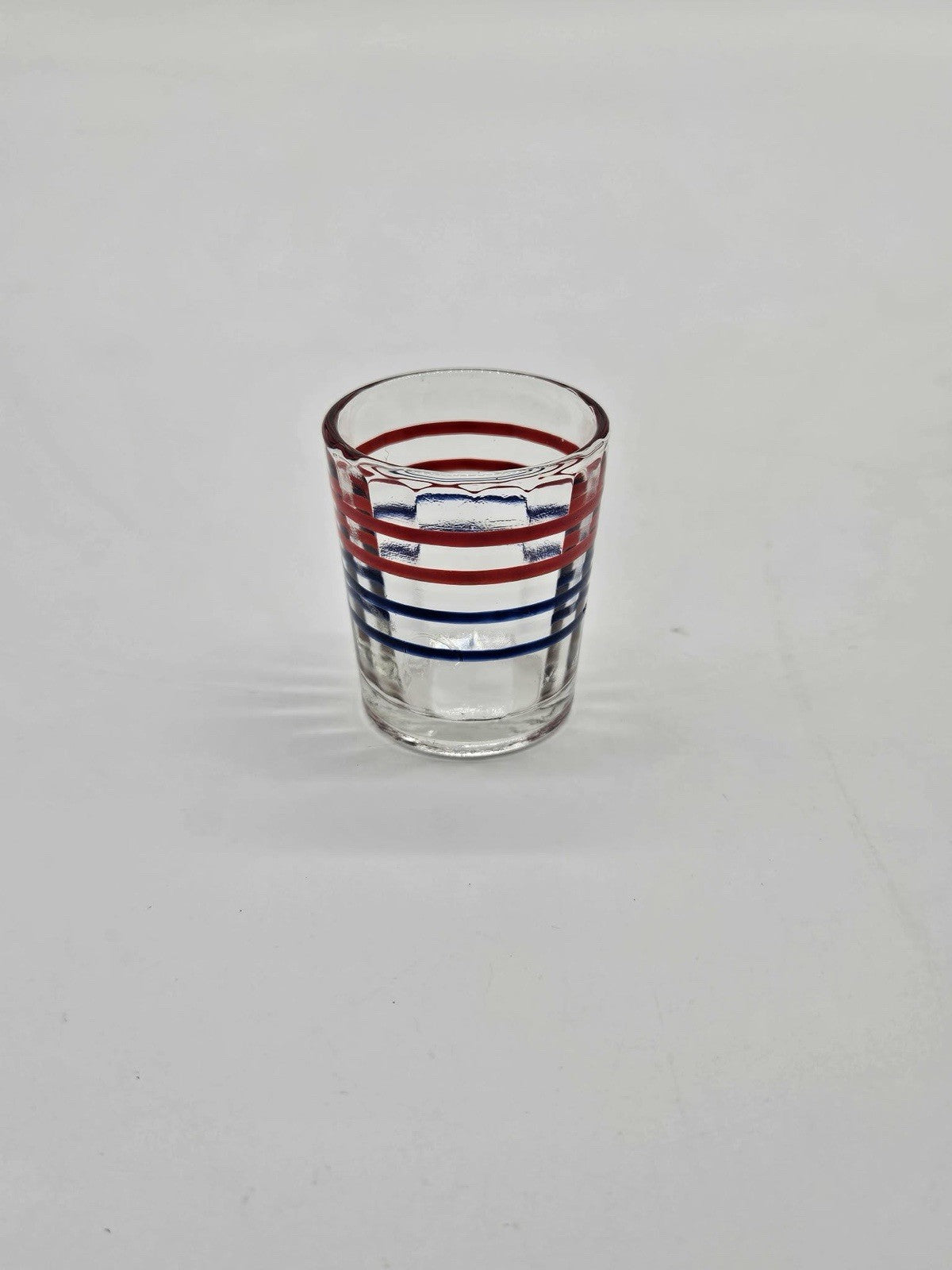 Vintage Hazel Atlas Handpainted Red Blue Striped Ringed Depression Shot Glass