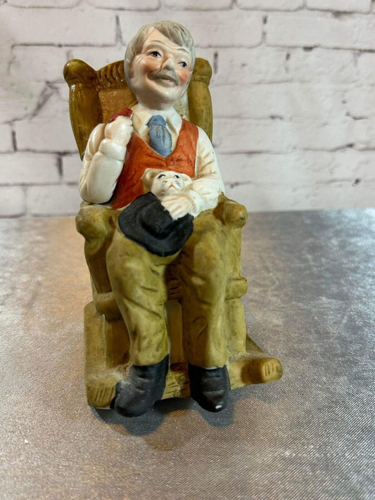 Vintage Ceramic Figurine Old Man In Rocking Chair Smoking Pipe VFG