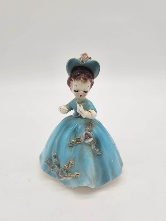 Vintage Cherchez La Femme Figurine Girl in Blue Dress Hat Flowers #7616