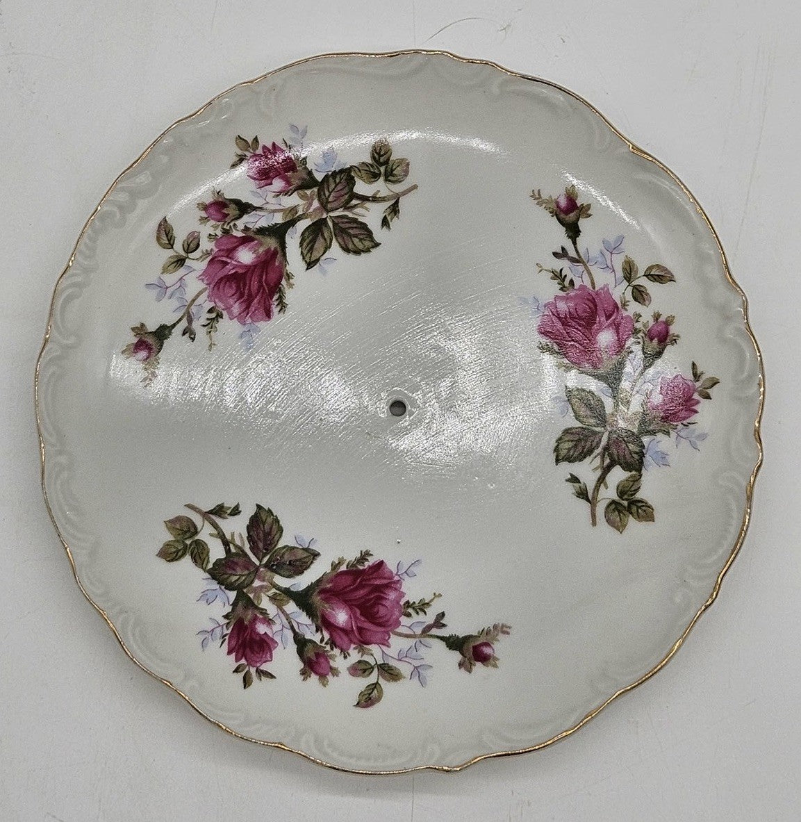 Vintage Floral Cake Plate Top Only Pink Roses Gold Trim