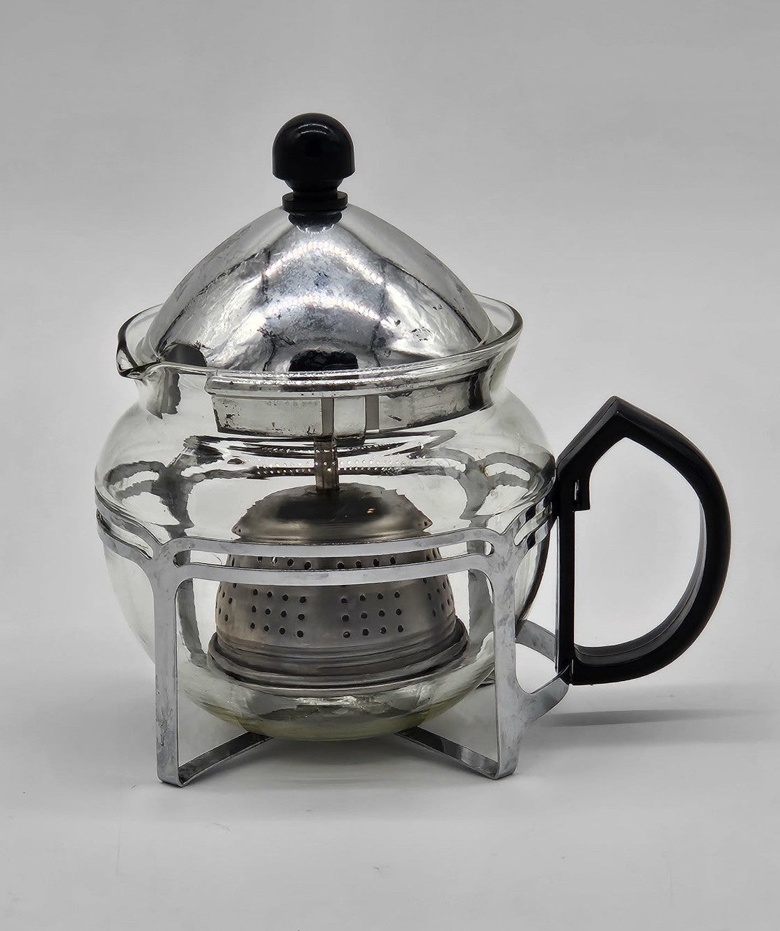 Vintage Glass Teapot Warmer Set Tea Infuser Stand Chrome Frame