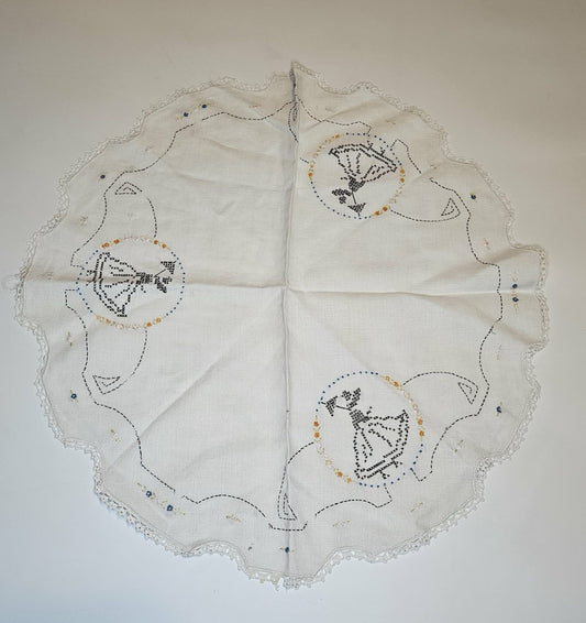 Vintage Hand Embroidered Linen Doily Round Table Scarf Lace Edge Crinoline Lady