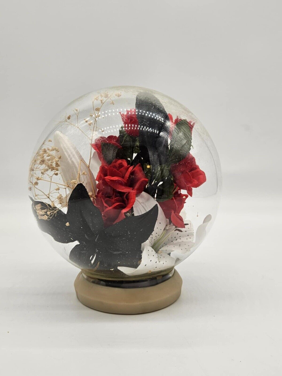Vintage Floral Glass Globe Terrarium W/ Red Flower Centerpiece