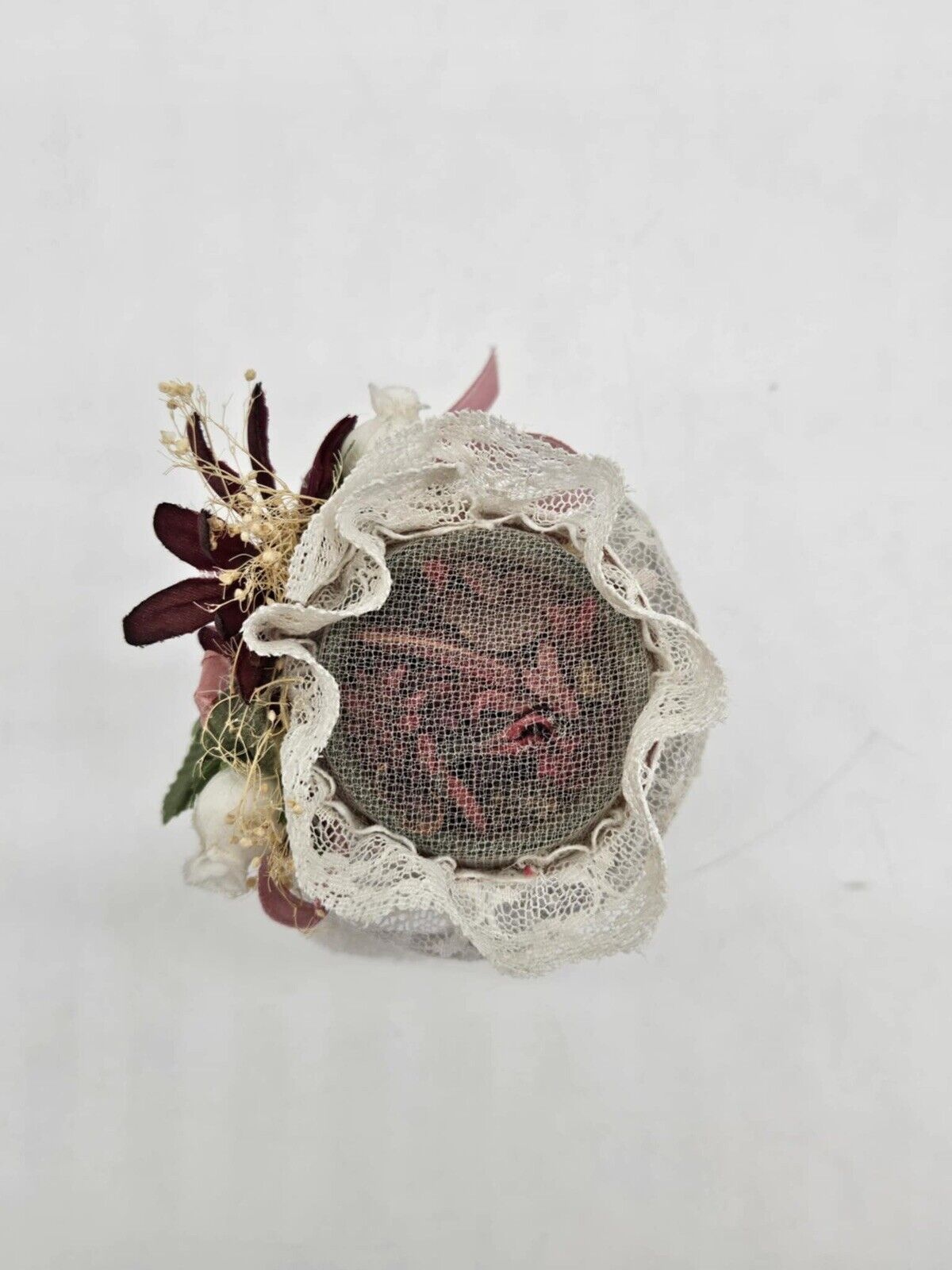 Hand Crafted VTG Glass Jar Filled w/ Potpourri  Crocheted Top Burgundy Flowers