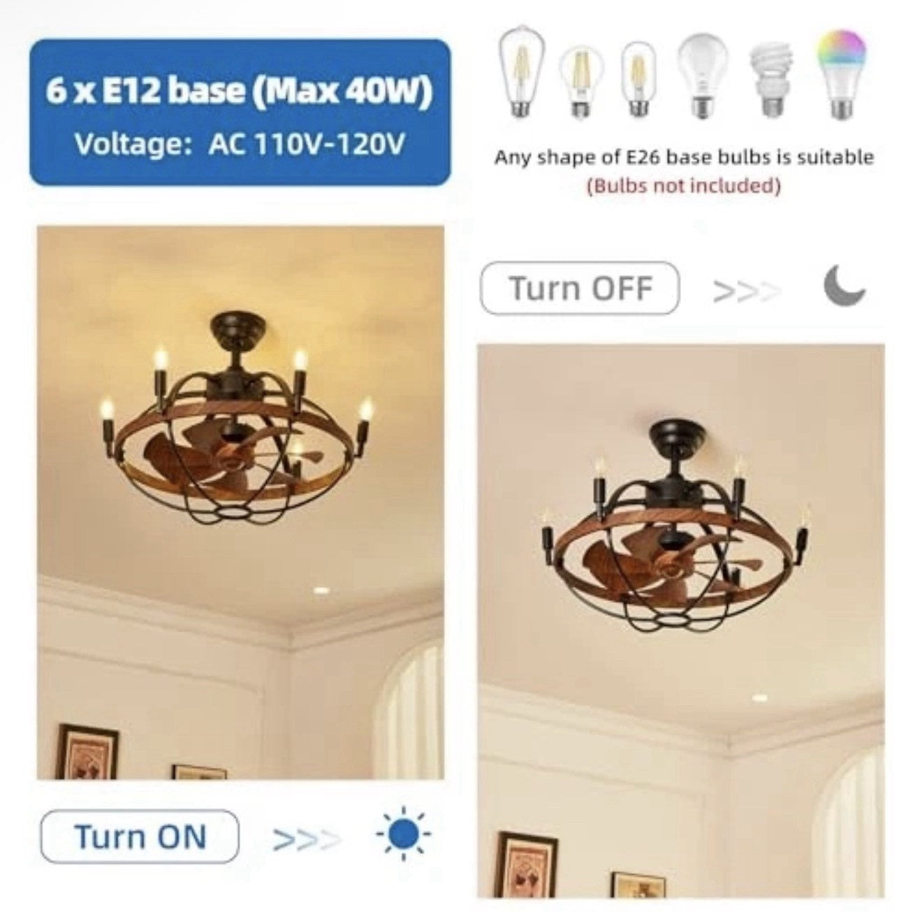 27.6" Farmhouse Ceiling Fan with Light and Remote Control, Vintage Cage Candle