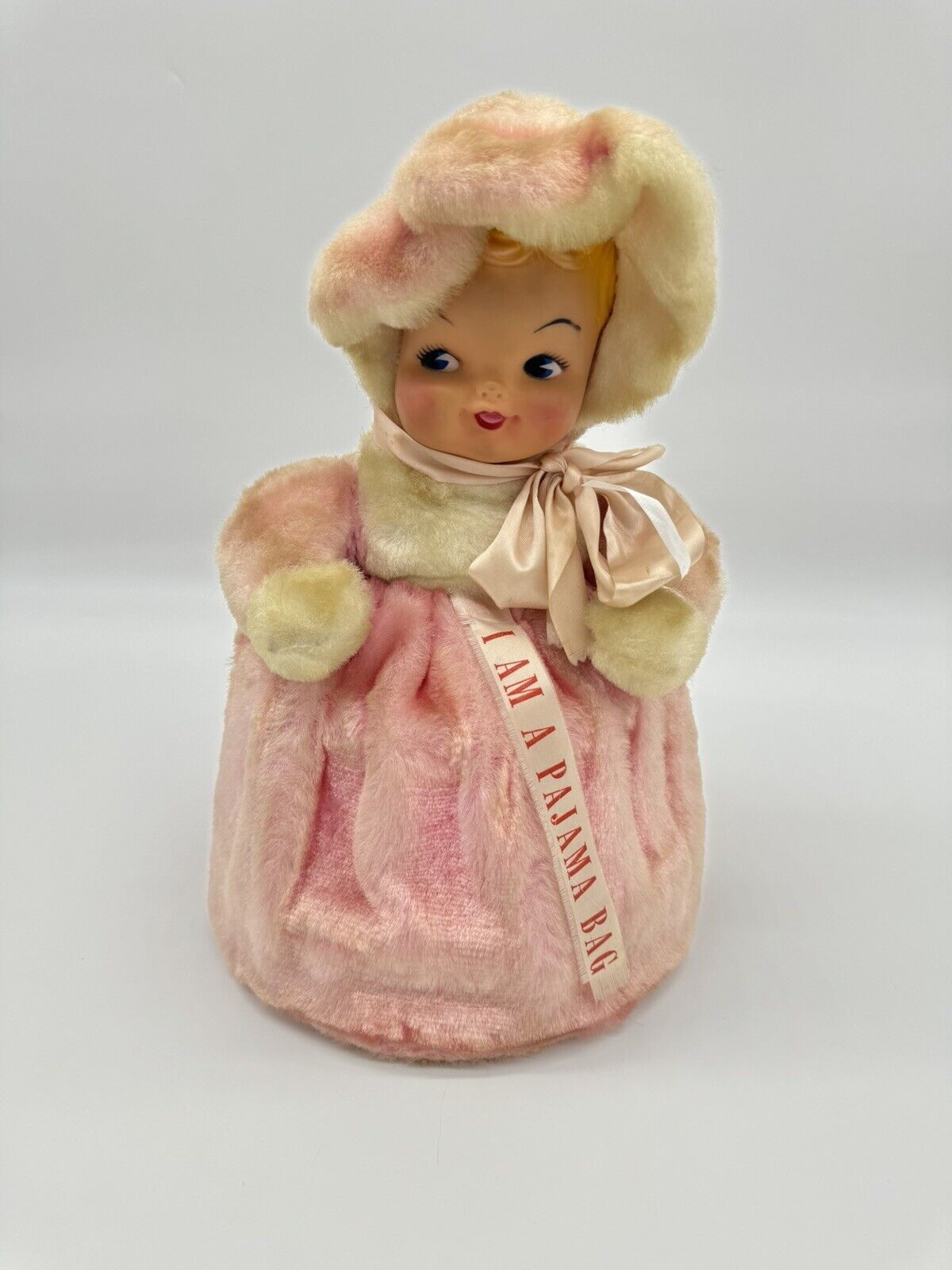 VINTAGE RARE RUBBER FACE 15" PLUSH DOLL PINK PAJAMA BAG COSMETIC PJ GUND RUSHTON