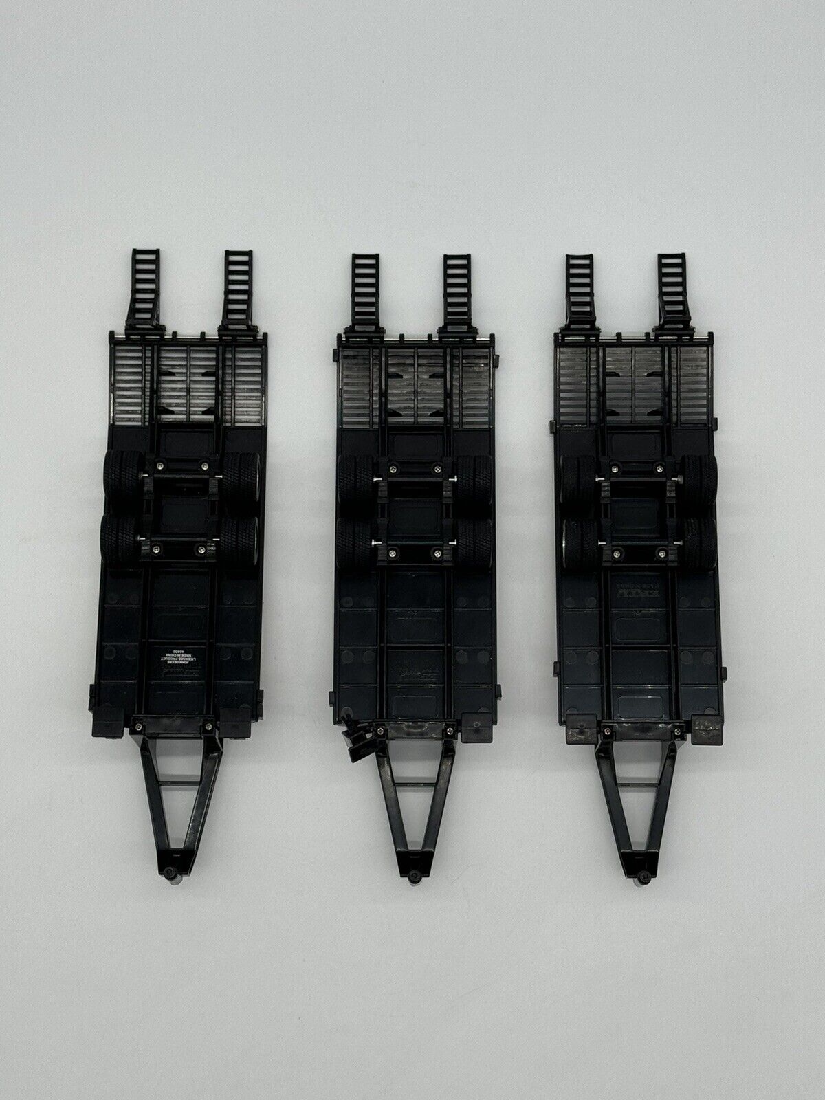 Lot Of 3 Tomy/Ertl Toys 11” Plastic Skid Steer Flatbed Gooseneck Trailer W/Ramps