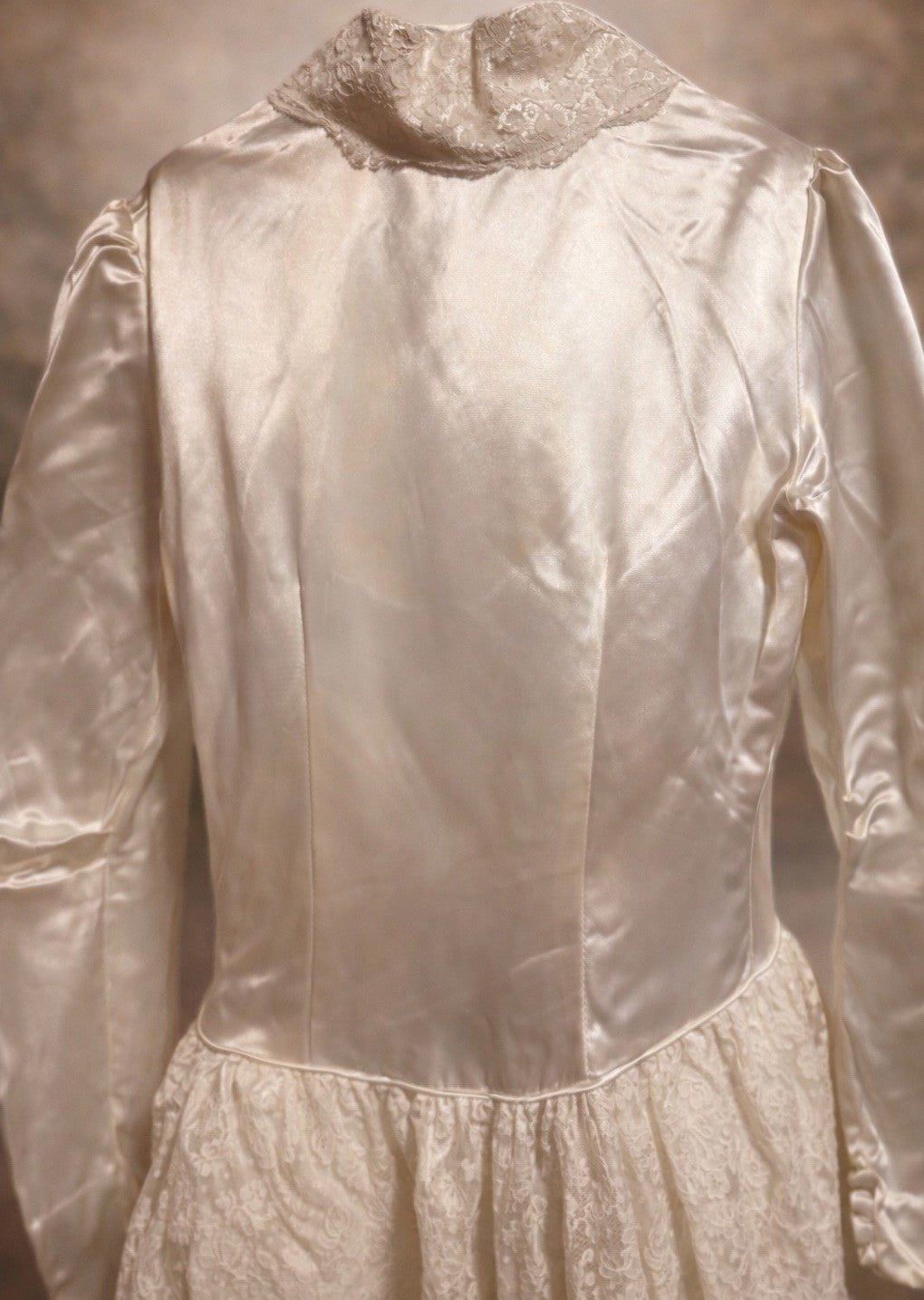 1930s Ivory Satin Wedding Dress Lace Bodice Long Sleeves Vintage Bridal Gown