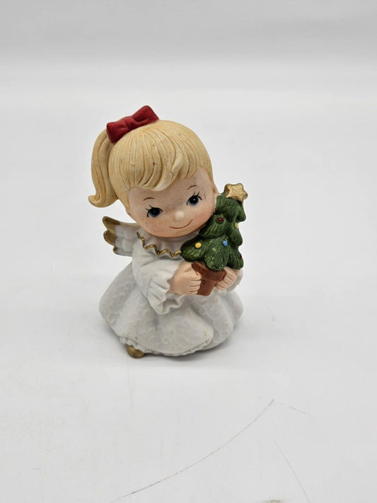 Vintage Small Cute Ceramic Angel Figurine Holding Christmas Tree Holiday