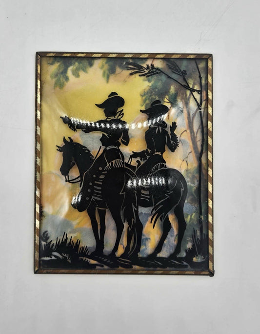 Vintage Pair Western Cowboy-Cowgirl on Horses, Convex Glass Silhouettes