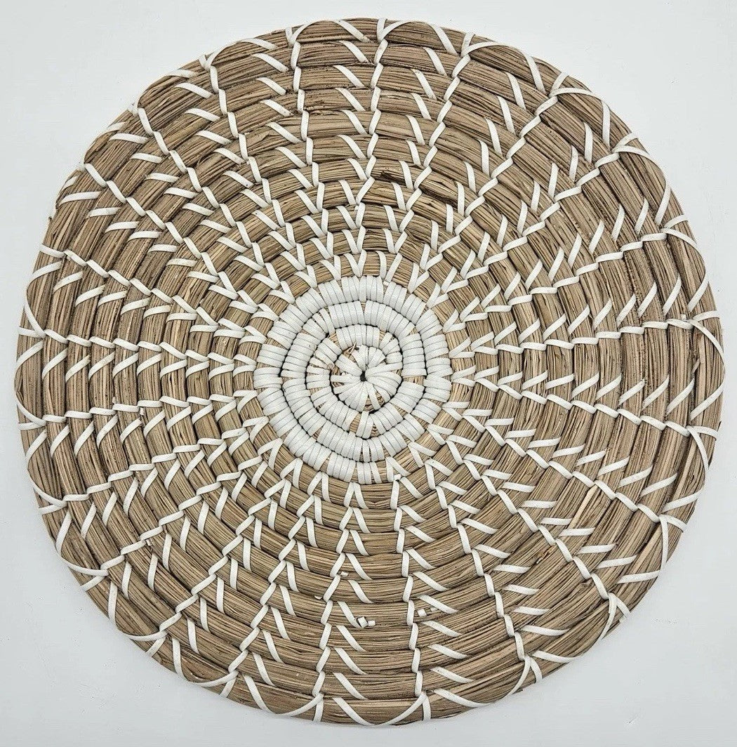Handwoven Round Seagrass Placemat White Stitch Boho Coastal Decor