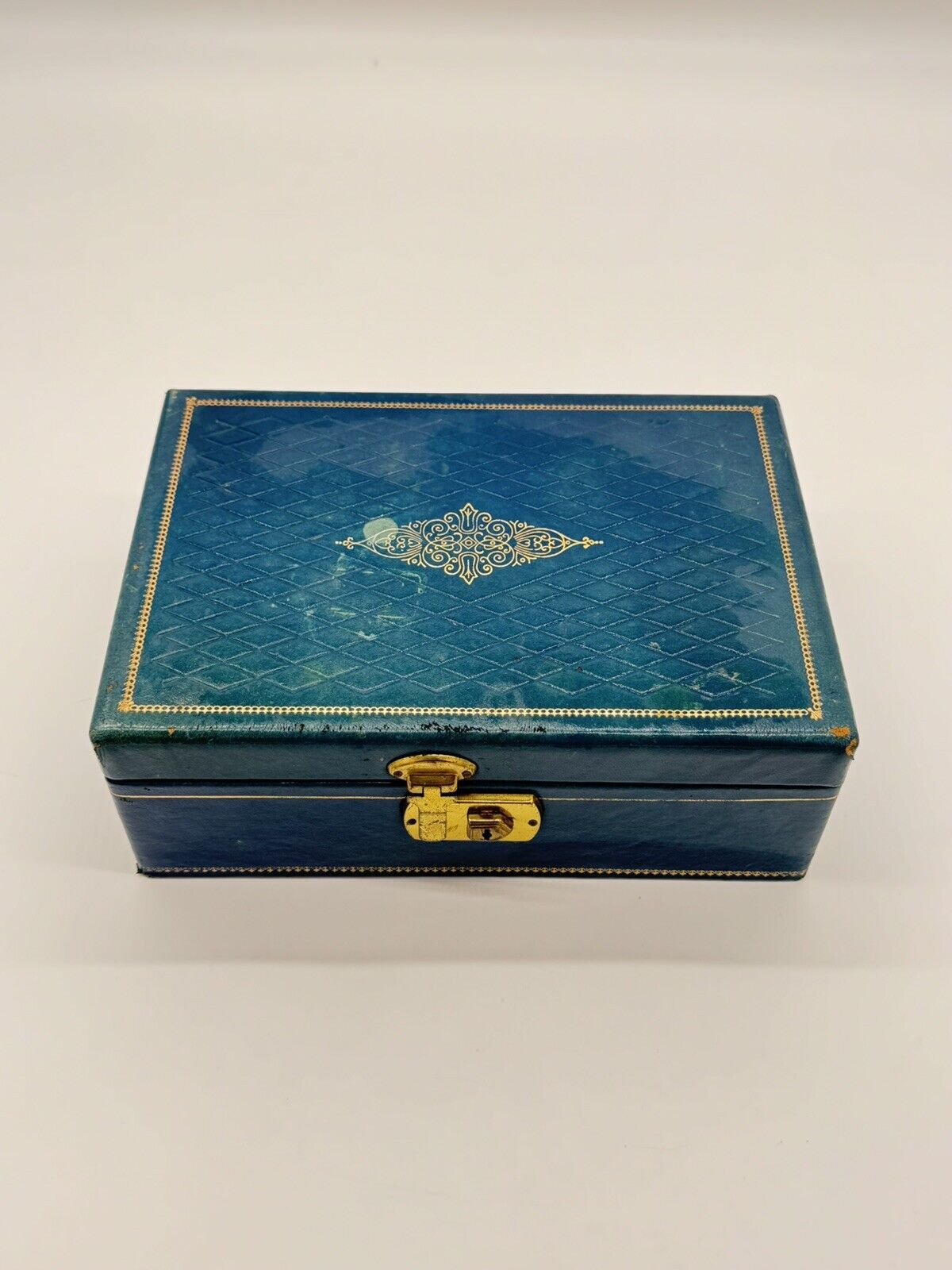Blue Vintage Jewelry Box - Brass Latch - Leatherette Exterior - Velvet Interior