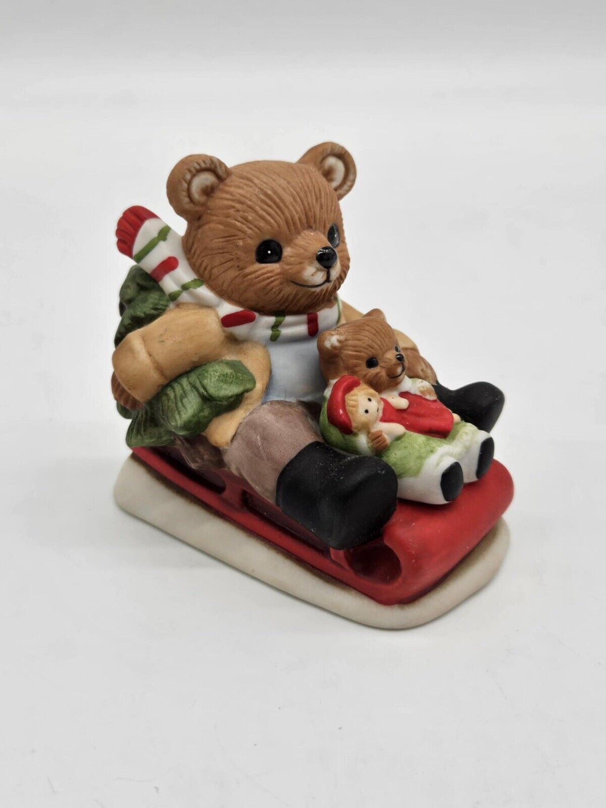 Vintage Homco #5102 Christmas Teddy Bears Riding Sled w/ tree