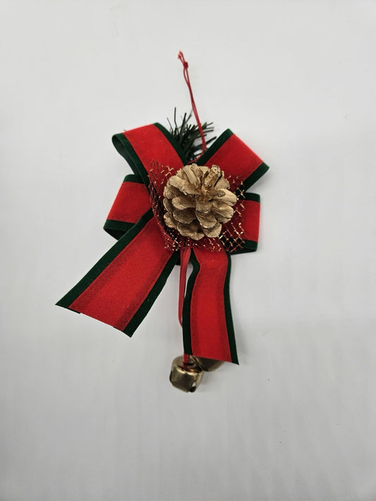 Vintage Red & Green Velvet Christmas Bow with Pinecone and Jingle Bells