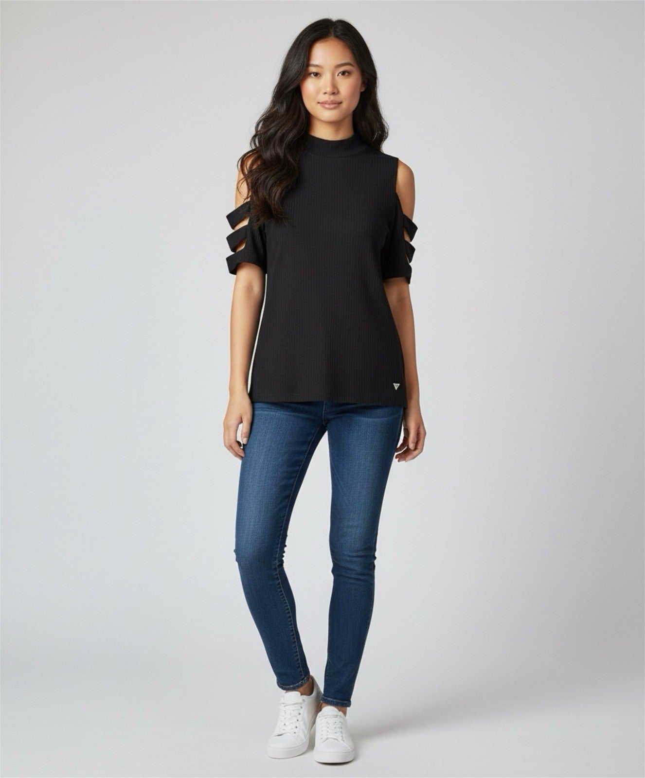 Guess Black Cold Shoulder Mock Neck Top M